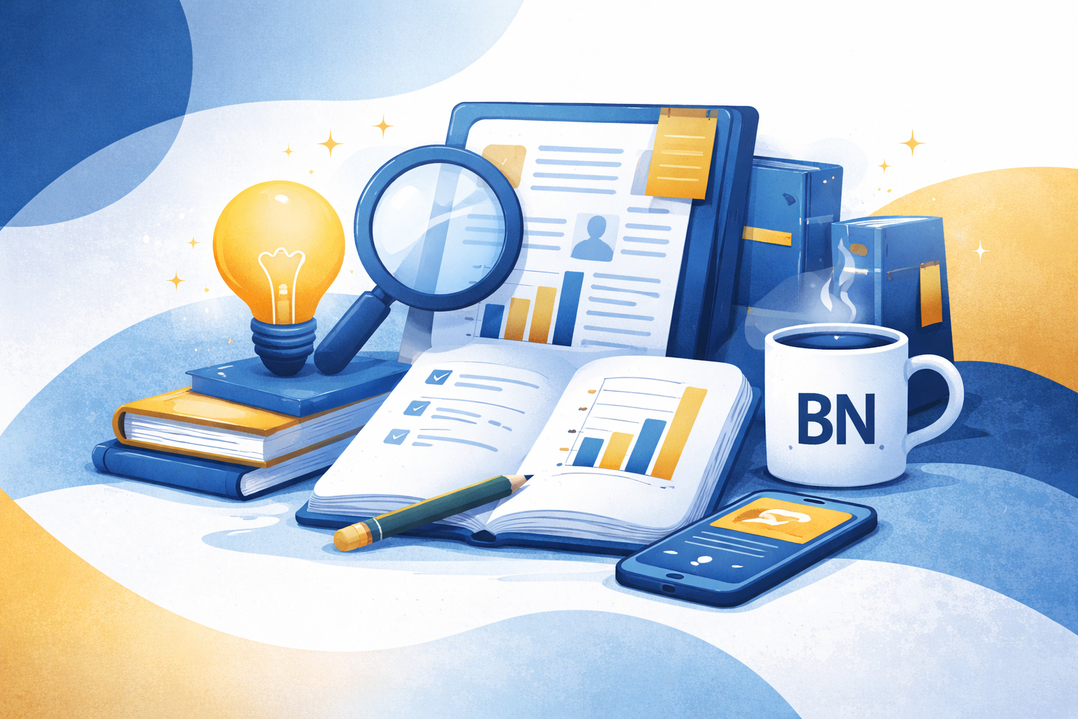 BlkNest blog insights illustration showing financial growth resources and knowledge tools in brand blue and gold theme