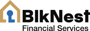 BlkNest Financial Services parent brand logo featuring a gold home outline and blue keyhole symbol representing financial empowerment, fintech innovation, and housing-focused consulting services.