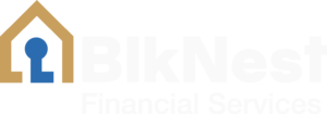 BlkNest Financial Services parent brand logo featuring a gold home outline and blue keyhole symbol representing financial empowerment, fintech innovation, and housing-focused consulting services.