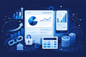 Illustration representing the BlkNest financial solutions ecosystem including rent reporting tools and product consulting services designed to help users build financial momentum.