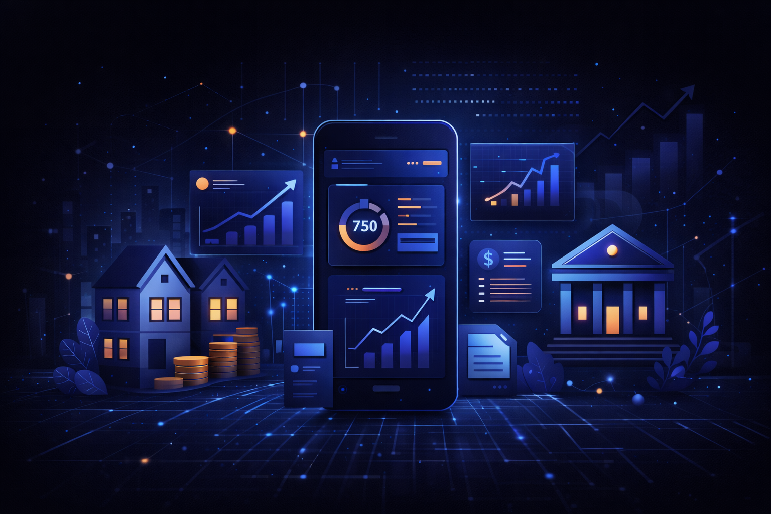 Dark themed illustration showing a hybrid fintech and digital product ecosystem representing BlkNest financial technology platform for housing, credit growth, and financial empowerment